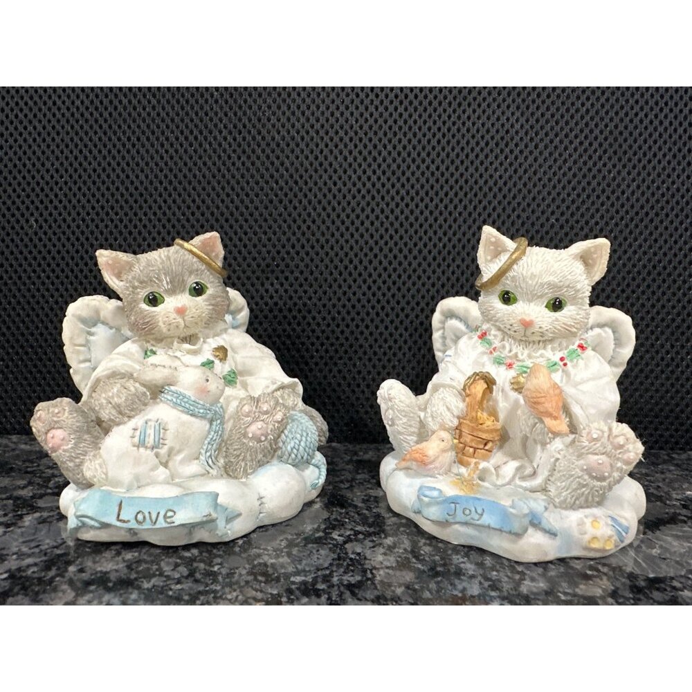 Set Of 2 Angel Cat Figurines With Halo - "Love" & "Joy" -Calico Kittens